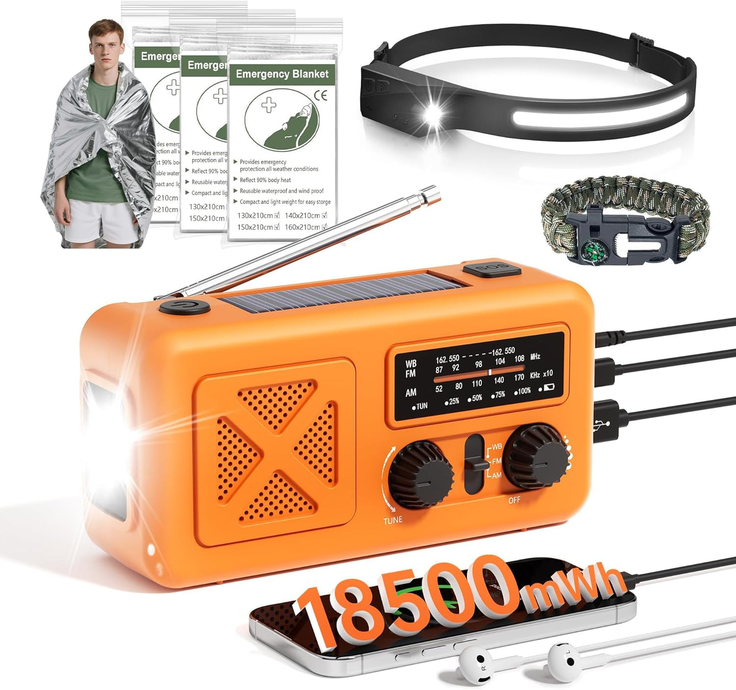 Emergency Radio Hand Crank Solar, 5000Mah/18500Mwh Emergency Weather Radio, Hand Crank Solar Radios with NOAA/AM/FM, Cell Phone Charger, Headphone Jack, Flashlight for Indoor Outdoor