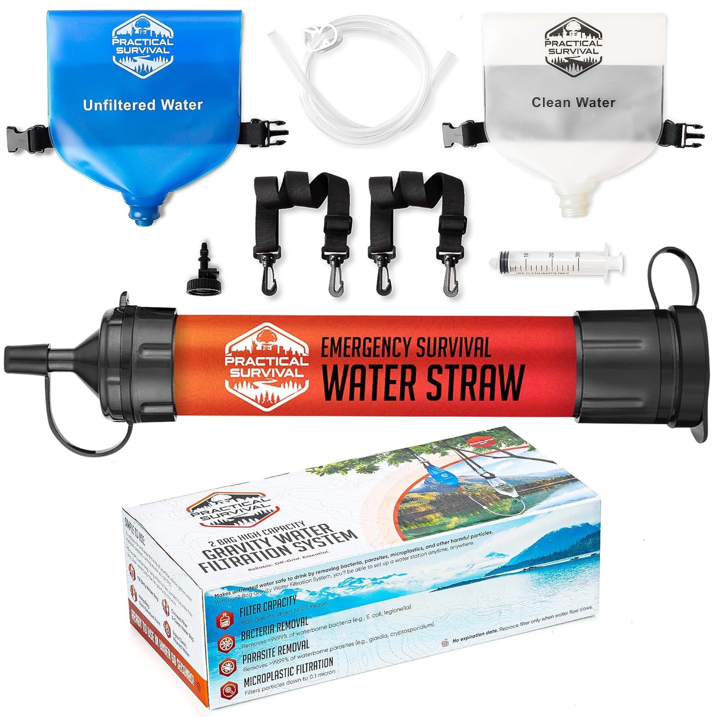 Gravity Water Filtration System – 2 High Capacity Lightweight Hanging Bags for Backpacking, Camping, Survival, Hiking, Hunting - Dirty, Clean Water Bags, Water Filter and Cleaning Plunger Included