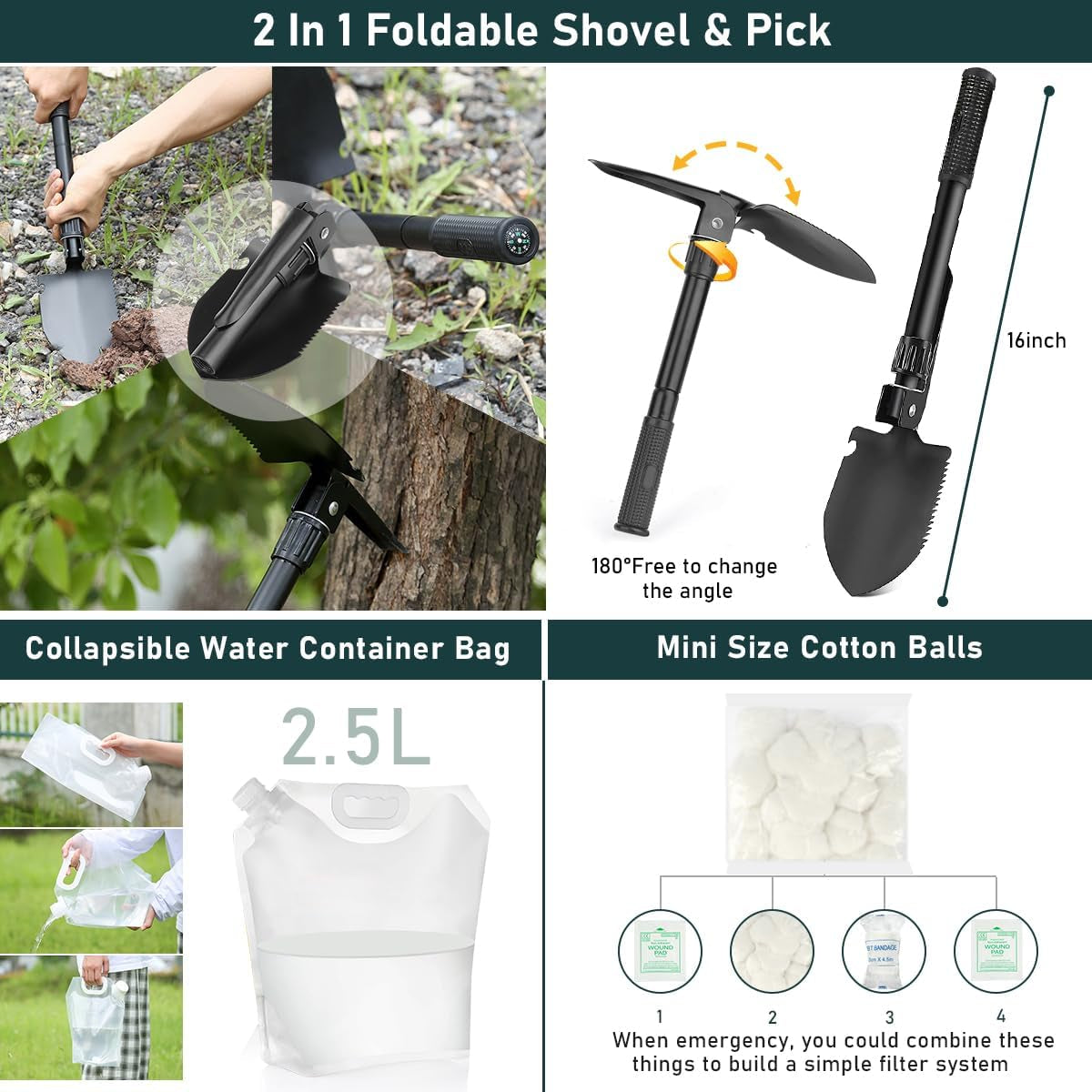 Survival Kit, 262Pcs Survival Gear and Supplies with First Aid Kit Pouch and Crossbody Bag, Emergency Kit with Tent, Camping Axe Hammer, Survival Shovel W/Pick, Bug Out Bag Gifts for Men Women