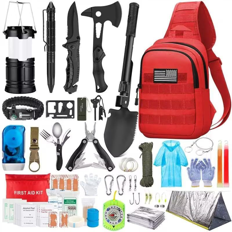 Emergency Survival Kit, 151 Pcs Survival Gear First Aid Kit, Outdoor Trauma Bag with Tactical Flashlight Knife Pliers Pen Blanket Bracelets Compass for Camping Earthquake or Adventures