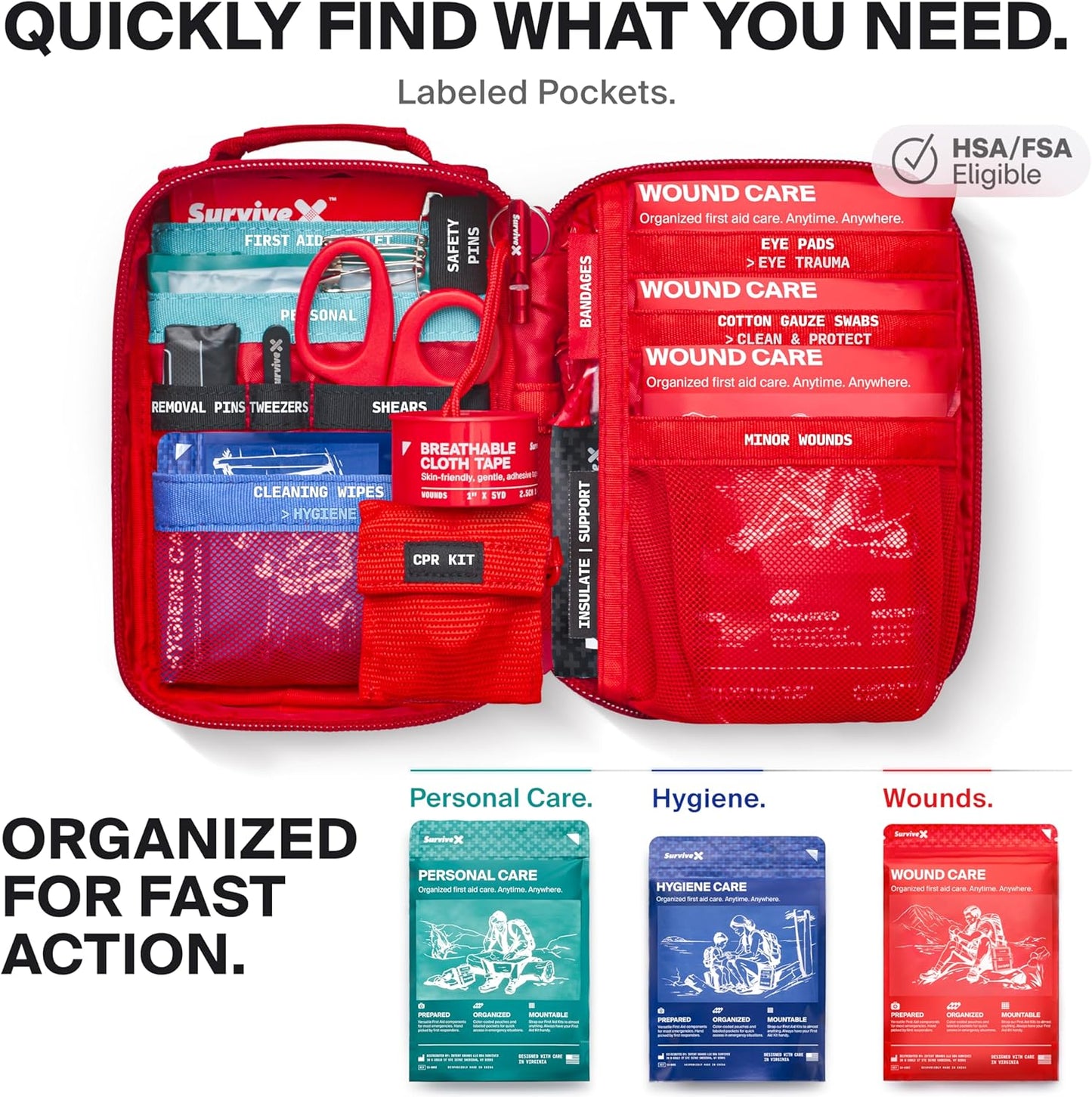 Small First Aid Kit for Car, Travel & Home - Emergency Kit for Hiking, Camping, Backpacking and Outdoors - Includes Zip Stitch Wound Closure Strips - FSA HSA Approved