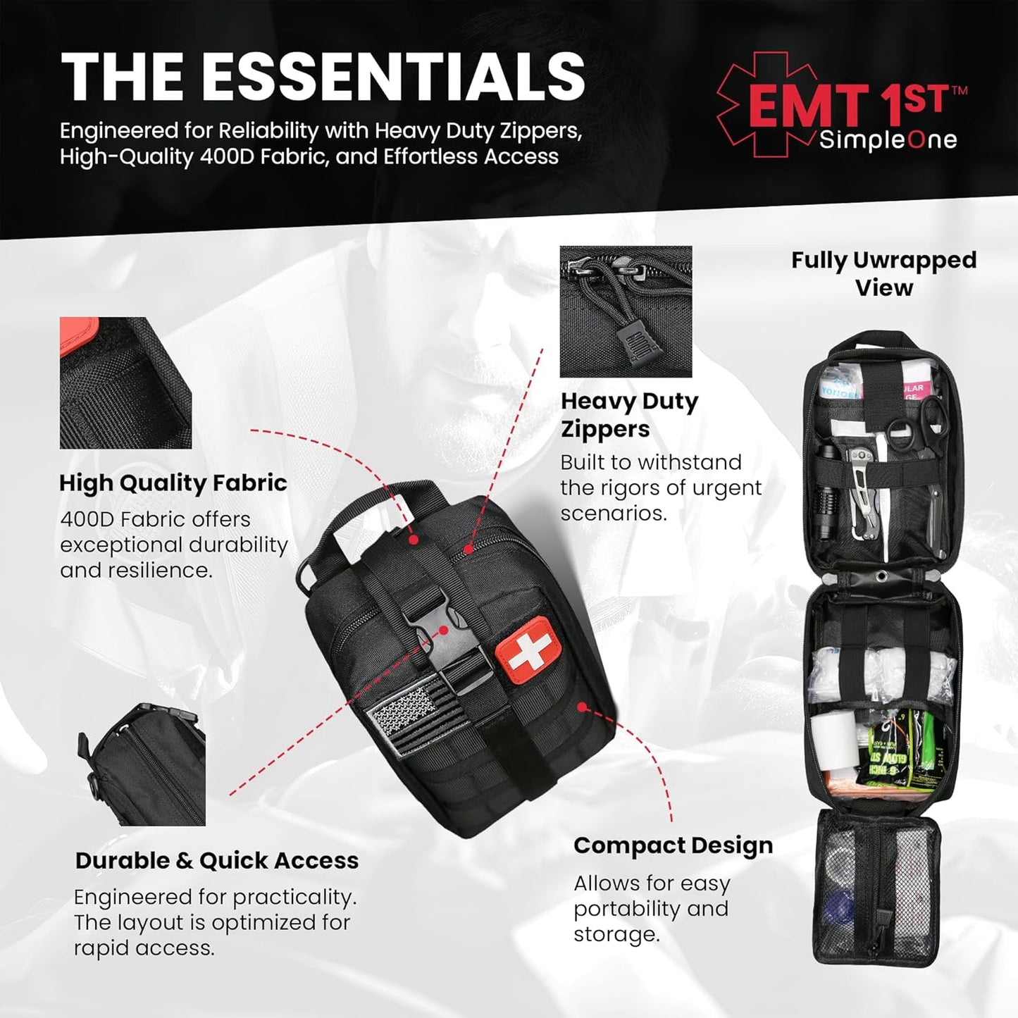 EMT 1St Emergency Responder First Aid Kit | Medical Trauma Bag for Disaster Preparedness | Perfect for Wilderness, Camping, Home, Car, & Office | Our Lightweight Kits Come with 40 Unique Items