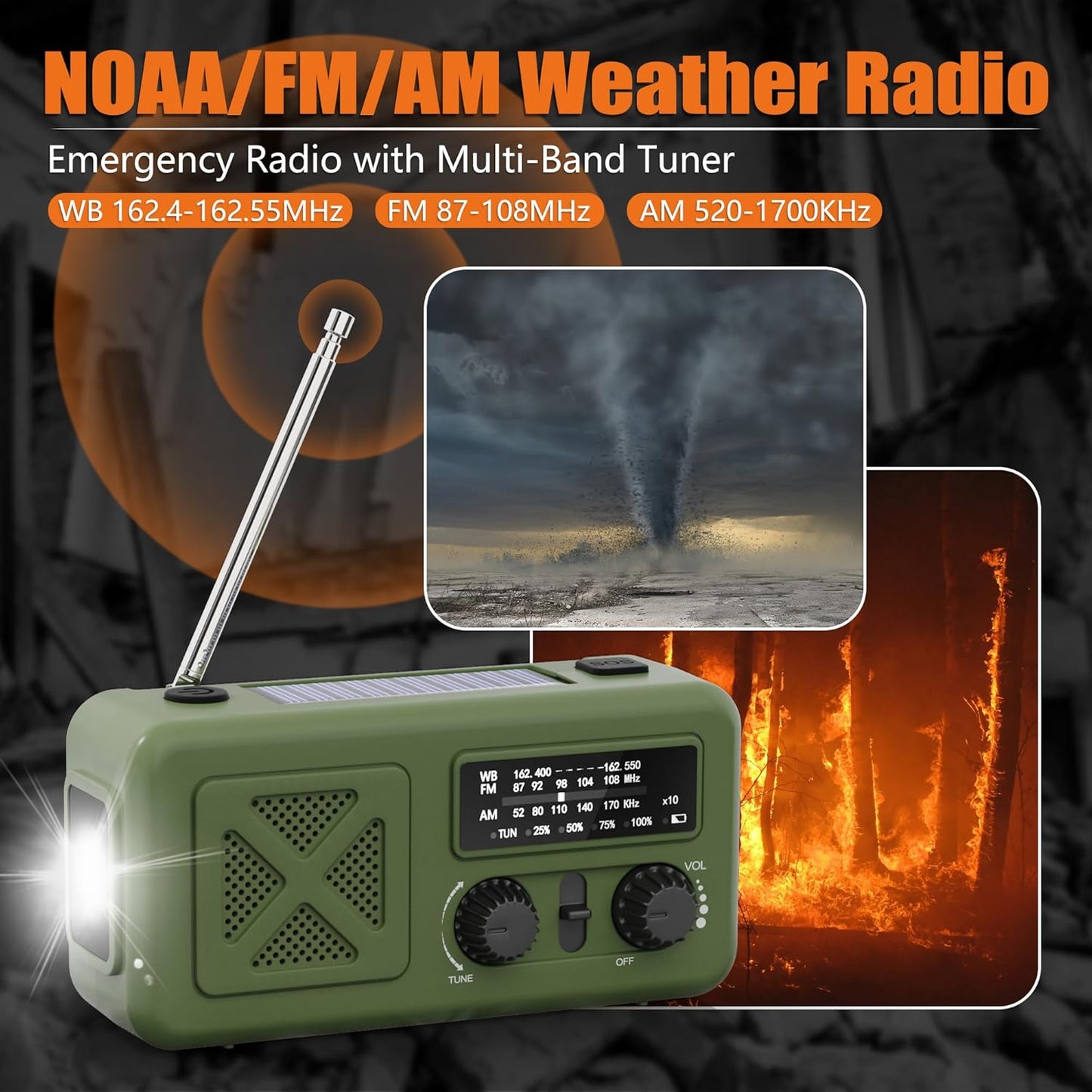Emergency Radio Hand Crank Solar, 5000Mah/18500Mwh Emergency Weather Radio, Hand Crank Solar Radios with NOAA/AM/FM, Cell Phone Charger, Headphone Jack, Flashlight for Indoor Outdoor