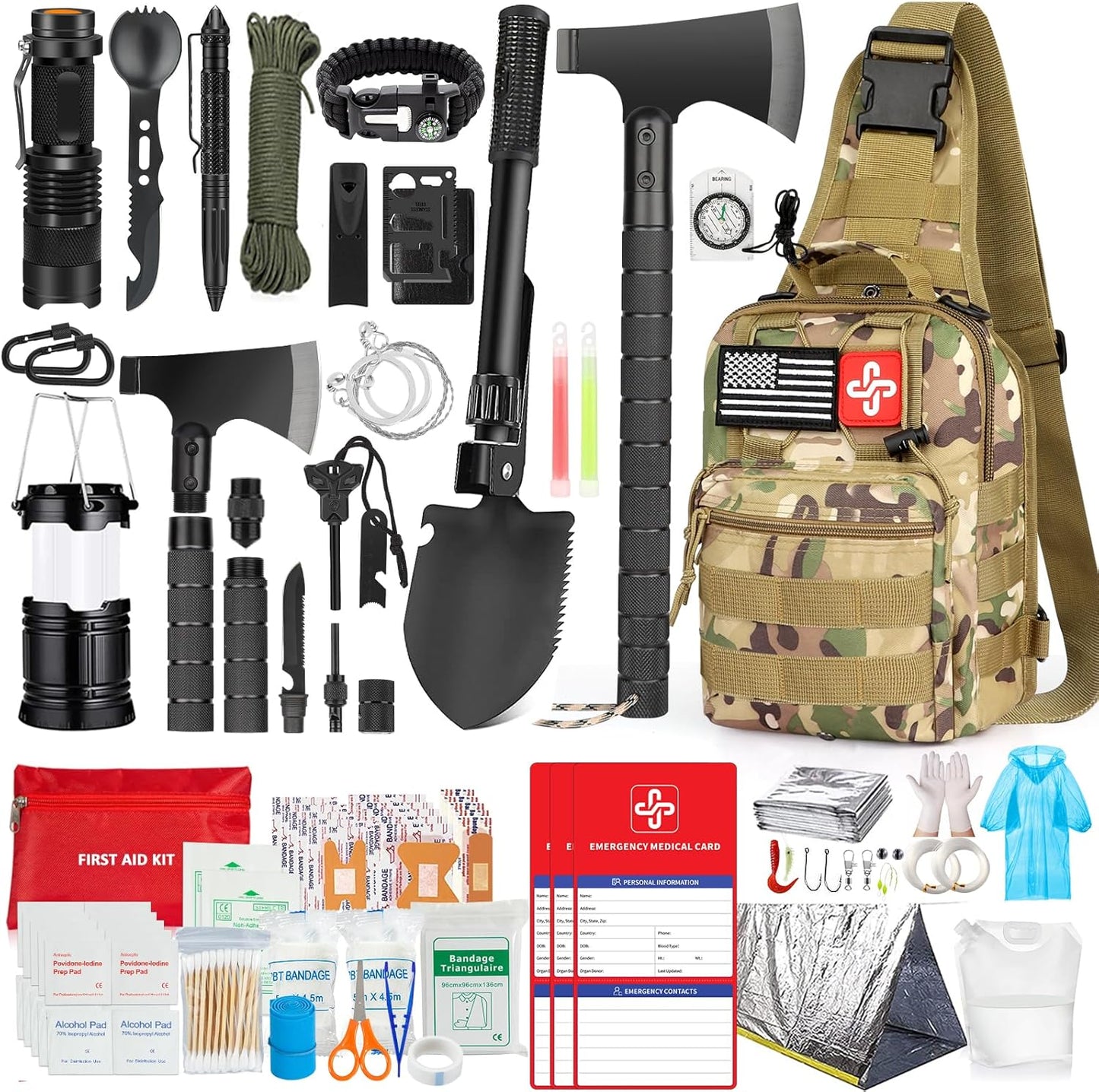 Survival Kit, 262Pcs Survival Gear and Supplies with First Aid Kit Pouch and Crossbody Bag, Emergency Kit with Tent, Camping Axe Hammer, Survival Shovel W/Pick, Bug Out Bag Gifts for Men Women