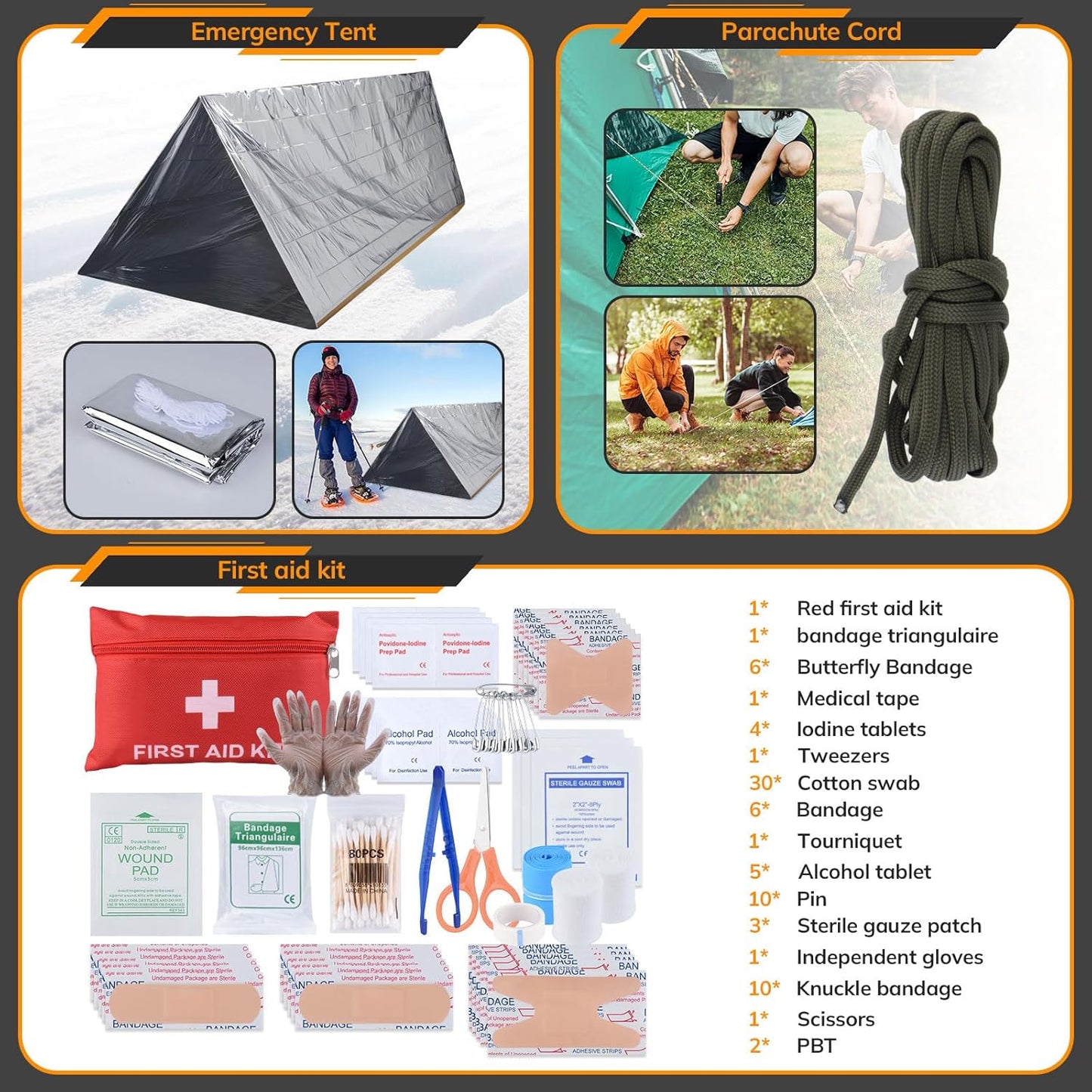 Survival First Aid Kit with Molle Crossbody Bag & Emergency Tent, 250Pcs Survival Tools Tactical Gear and Trauma Bag, for Earthquake, Bug Out, Outdoor Adventure, Gifts for Men Father’S Day Dads