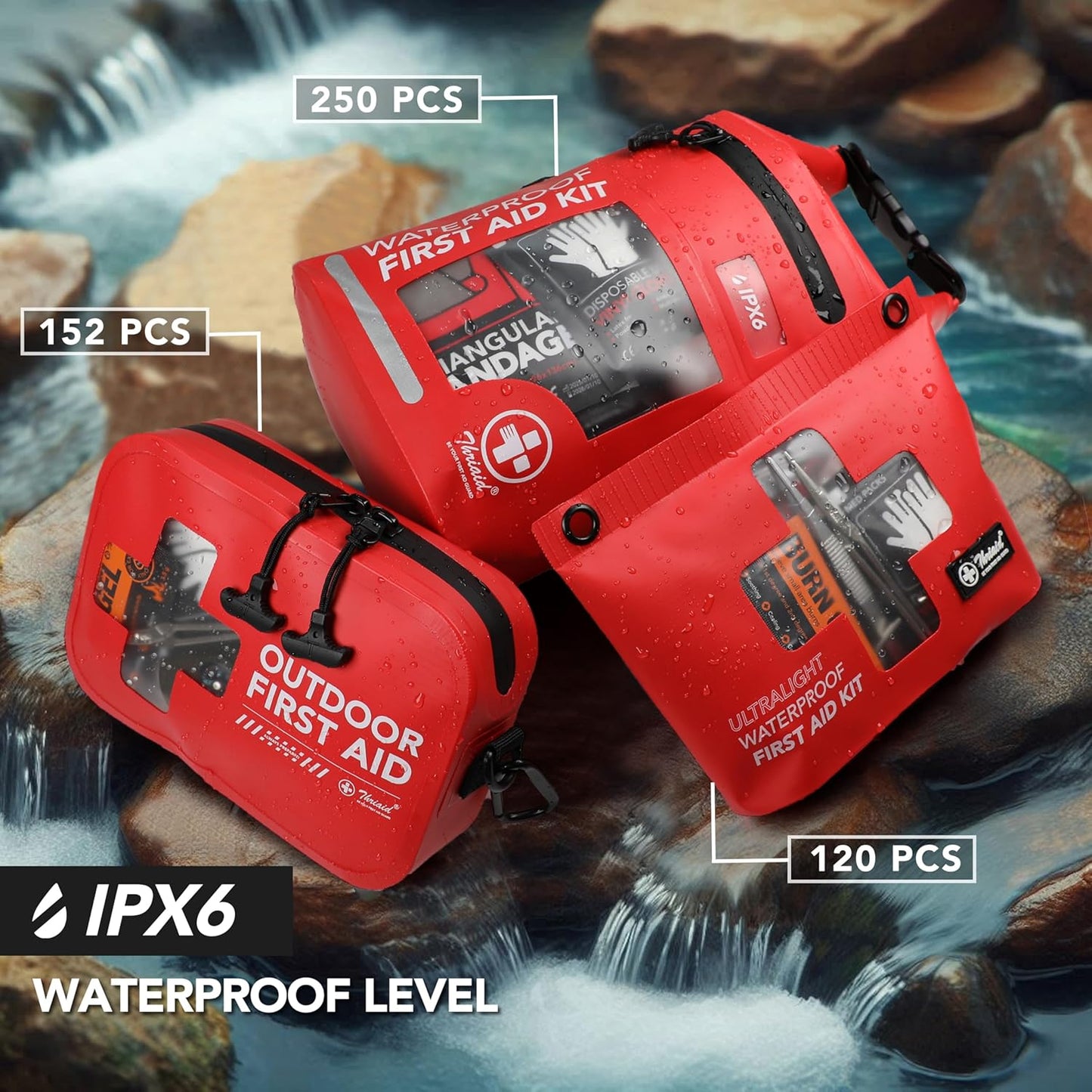 152 PCS Waterproof First Aid Kit, Portable Small Boat Dry Bag Bug Out Bag, Emergency Medical Kit Ideal for Boating, Camping, Fishing, Kayaking, Floating, Red