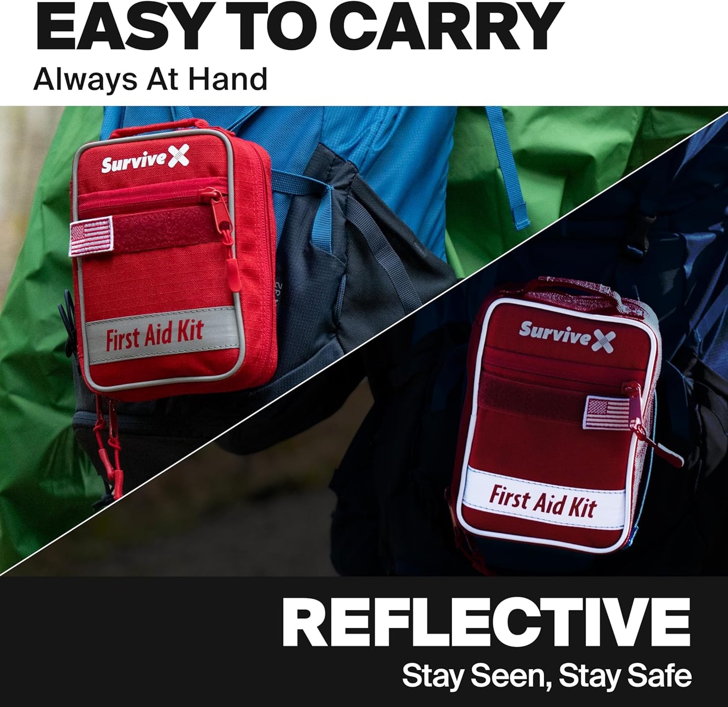 Small First Aid Kit for Car, Travel & Home - Emergency Kit for Hiking, Camping, Backpacking and Outdoors - Includes Zip Stitch Wound Closure Strips - FSA HSA Approved