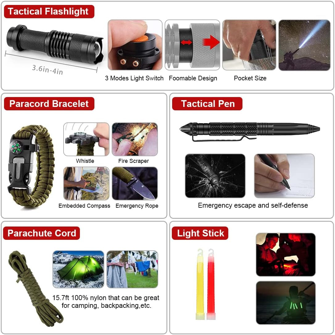 Survival Kits,222 PCS Emergency Survival Gear First Aid Kits with Molle System Compatible Bag Outdoor Camping Gear Emergency Kits for Hunting,Hiking,Fishing, Gifts for Men Women