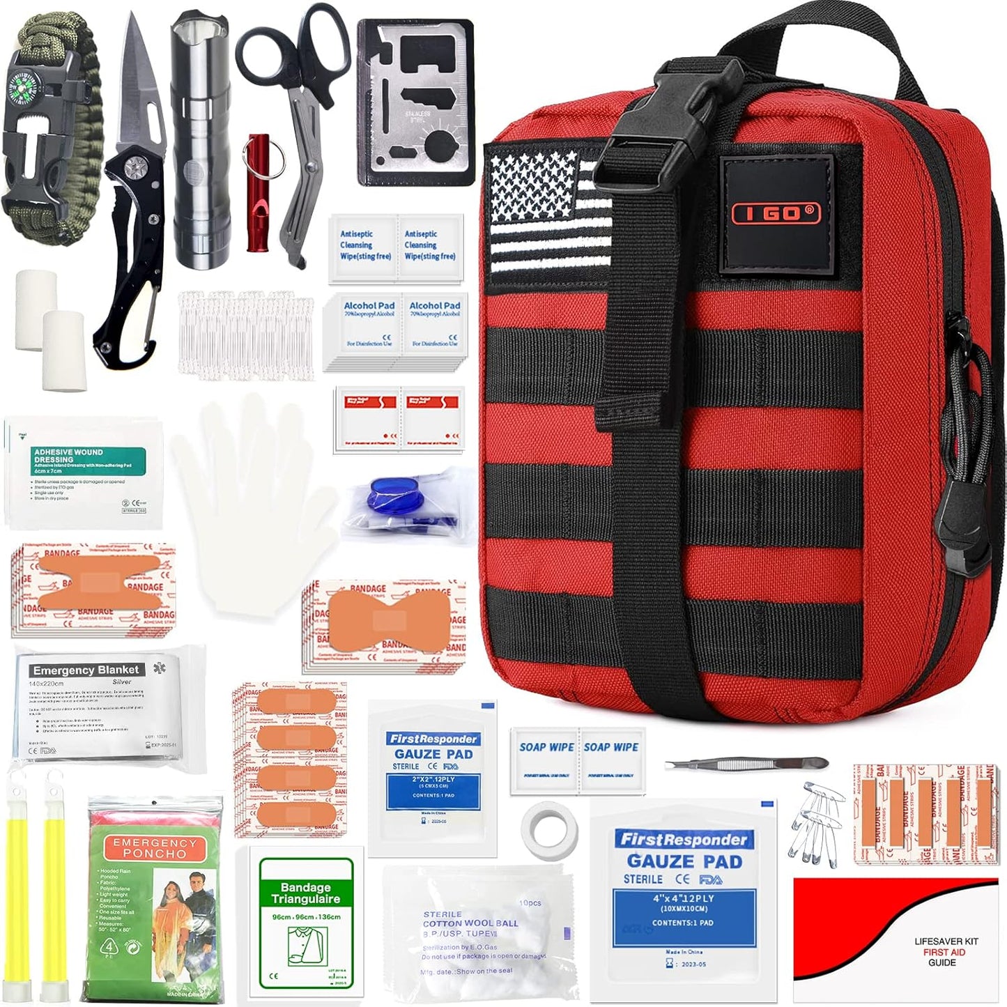 Survival First Aid Kit, 251 Pieces Compact Tactical Trauma First Aid Bag, Molle Compatible Emergency Pouch for Outdoor Camping Hiking Backpacking and Travel