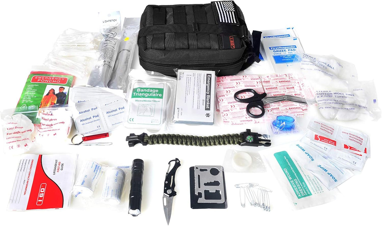 Survival First Aid Kit, 251 Pieces Compact Tactical Trauma First Aid Bag, Molle Compatible Emergency Pouch for Outdoor Camping Hiking Backpacking and Travel