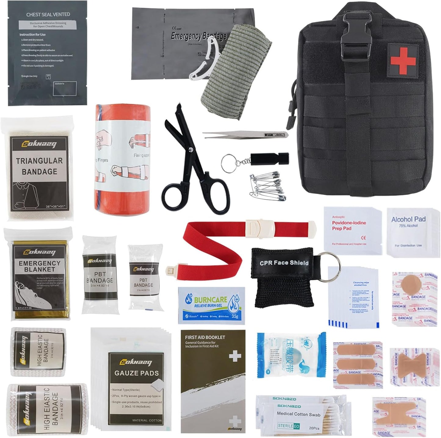 IFAK Trauma Kit, Molle Pouch Emergency Survival Kit, 6” Israeli Straps, Chest Seal Vented, Self-Adhesive Elastic Bandage, for Wound Care(Red)