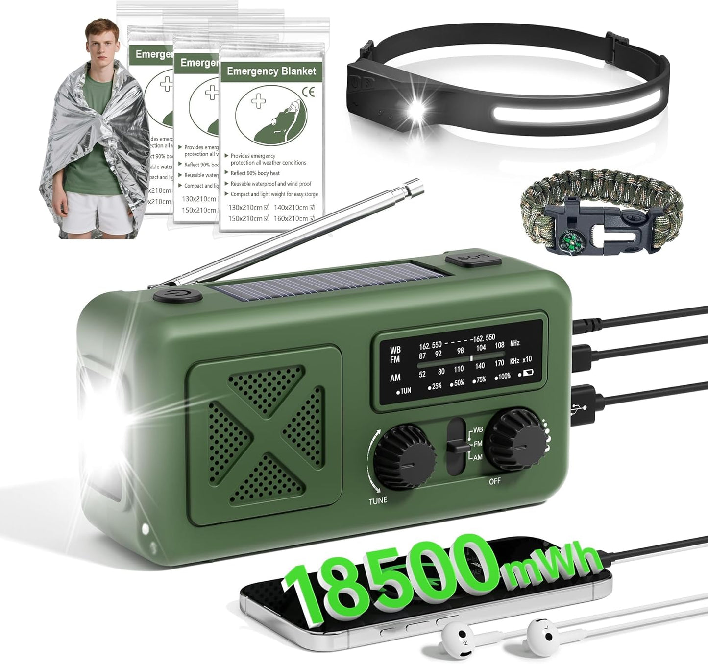 Emergency Radio Hand Crank Solar, 5000Mah/18500Mwh Emergency Weather Radio, Hand Crank Solar Radios with NOAA/AM/FM, Cell Phone Charger, Headphone Jack, Flashlight for Indoor Outdoor