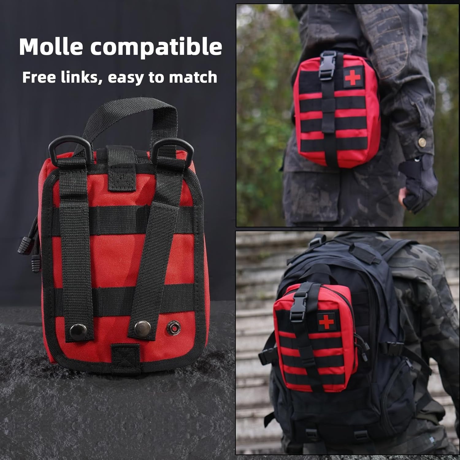 IFAK Trauma Kit, Molle Pouch Emergency Survival Kit, 6” Israeli Straps, Chest Seal Vented, Self-Adhesive Elastic Bandage, for Wound Care(Red)
