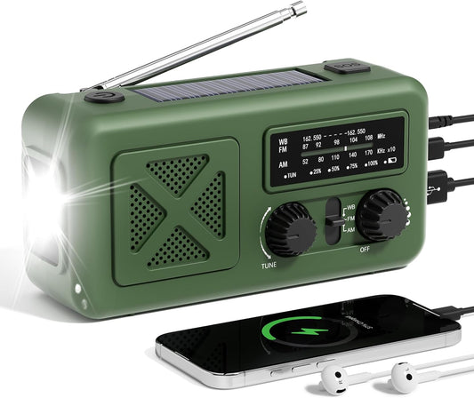 Emergency Radio Hand Crank Solar, 5000Mah/18500Mwh Emergency Weather Radio, Hand Crank Solar Radios with NOAA/AM/FM, Cell Phone Charger, Headphone Jack, Flashlight for Indoor Outdoor