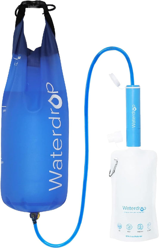 Gravity Water Filter Straw, Camping Water Filtration System, Water Purifier Survival for Travel, Backpacking and Emergency Preparedness, 1.5 Gal Bag, 0.1 Micron, 5 Stage Filtration, Blue