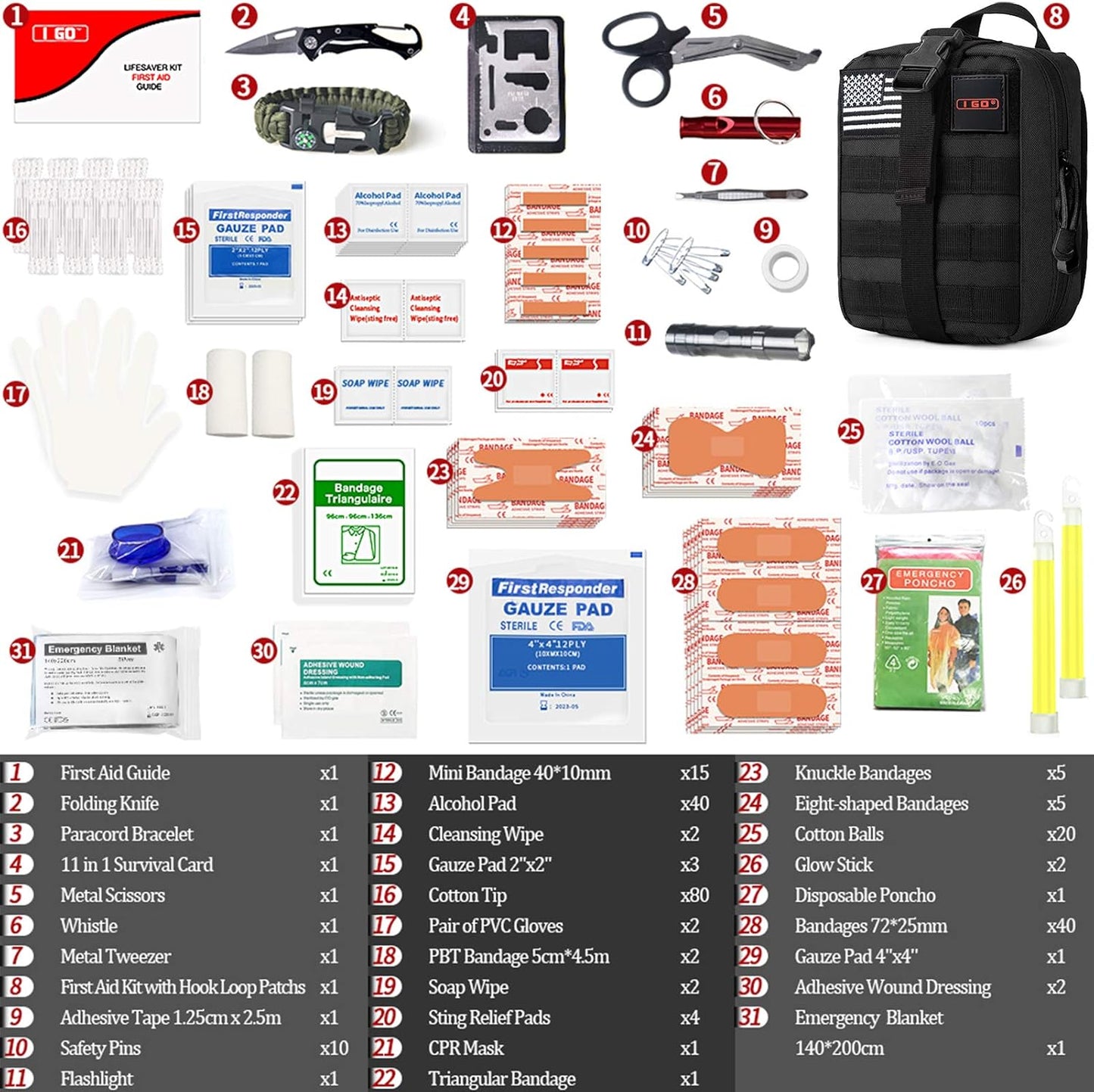 Survival First Aid Kit, 251 Pieces Compact Tactical Trauma First Aid Bag, Molle Compatible Emergency Pouch for Outdoor Camping Hiking Backpacking and Travel