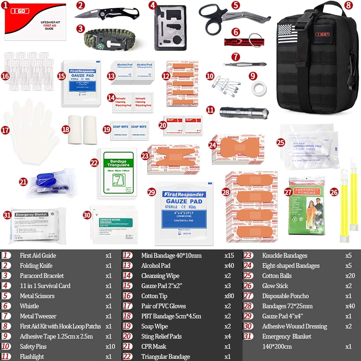 Survival First Aid Kit, 251 Pieces Compact Tactical Trauma First Aid Bag, Molle Compatible Emergency Pouch for Outdoor Camping Hiking Backpacking and Travel