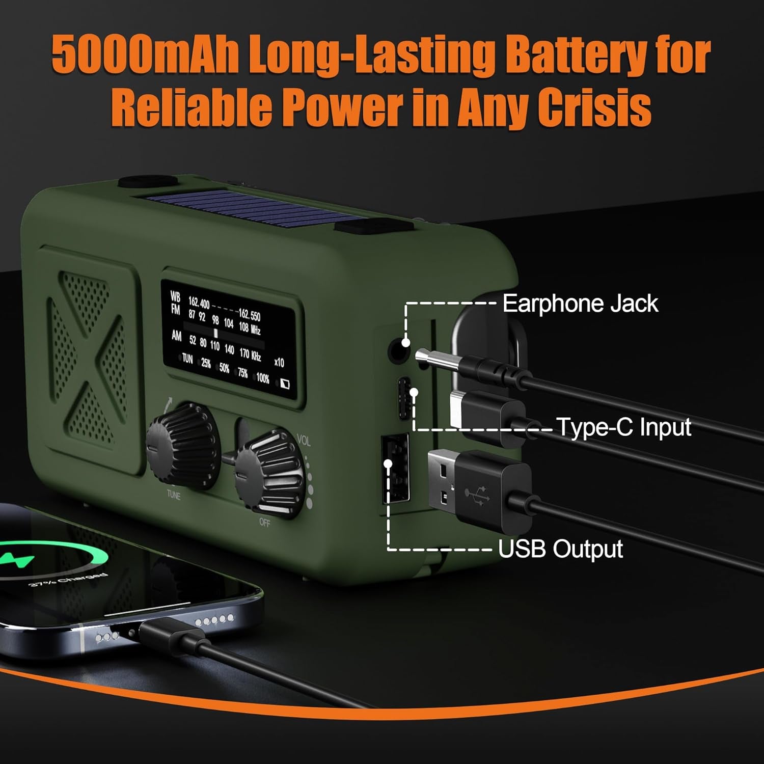 Emergency Radio Hand Crank Solar, 5000Mah/18500Mwh Emergency Weather Radio, Hand Crank Solar Radios with NOAA/AM/FM, Cell Phone Charger, Headphone Jack, Flashlight for Indoor Outdoor