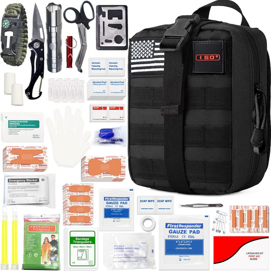 Survival First Aid Kit, 251 Pieces Compact Tactical Trauma First Aid Bag, Molle Compatible Emergency Pouch for Outdoor Camping Hiking Backpacking and Travel