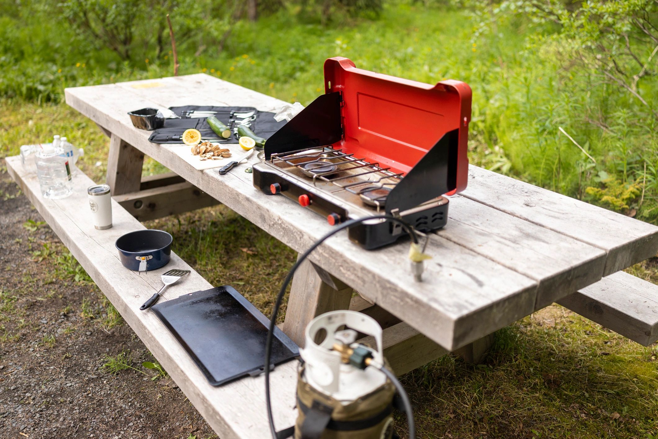 Portable camping stove and meal supplies on a forest table