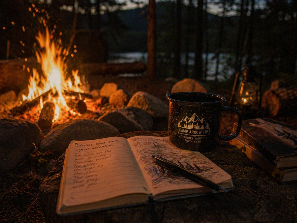 open book lit by a campfire and dusk