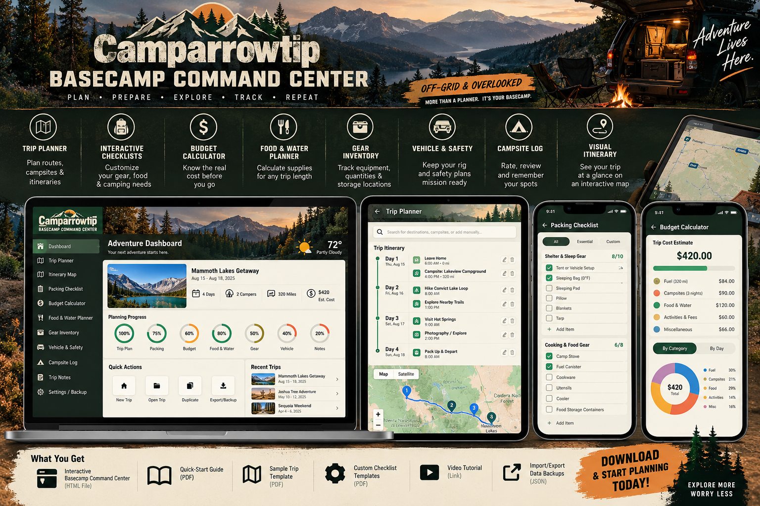 Camparrowtip Basecamp Command Center planner preview in a mountain camping setting